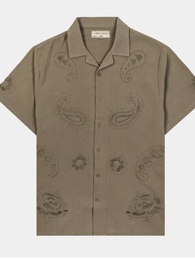 Floral Paisley Linen Weave Button Up Camp Collar shirt Large Taupe Resort